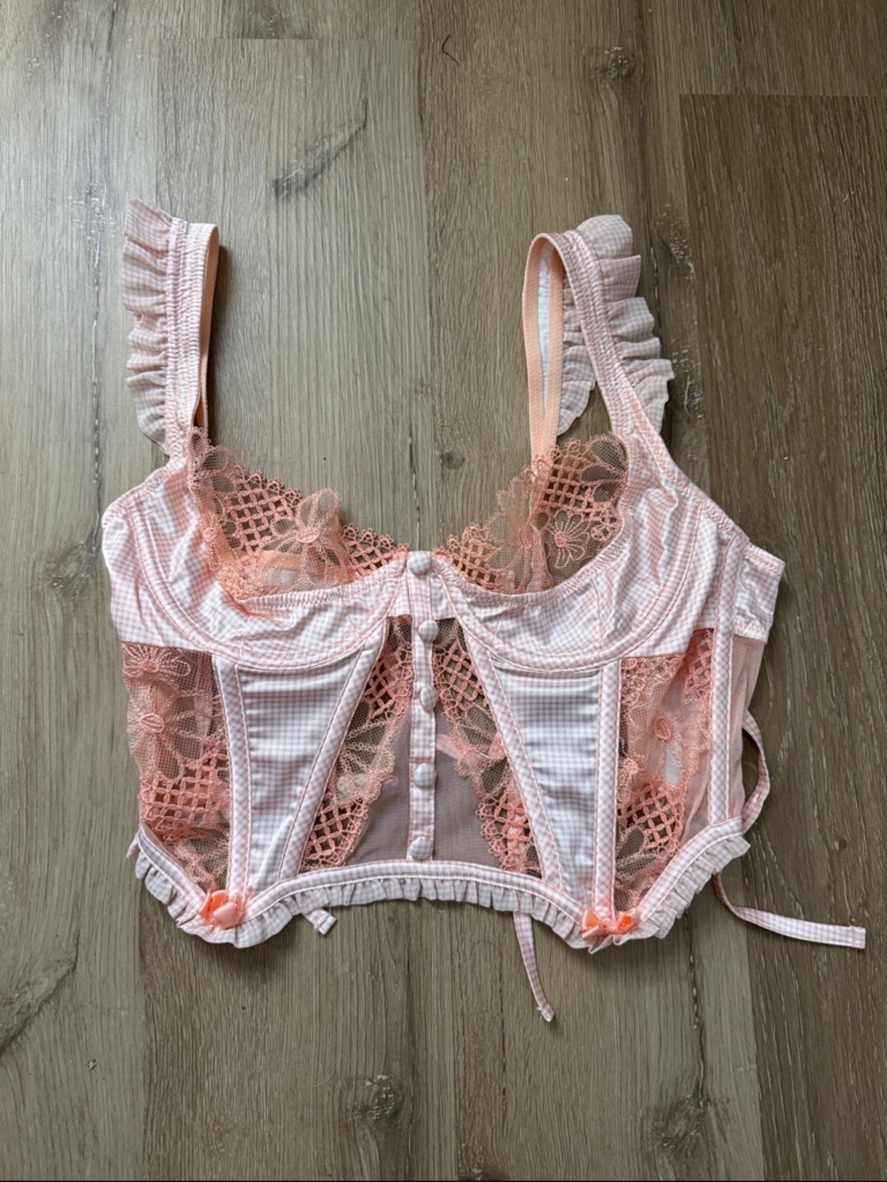 For Love & Lemons Light Pink & White Gingham Zoe Bustier Top - Picture 1 of 6
